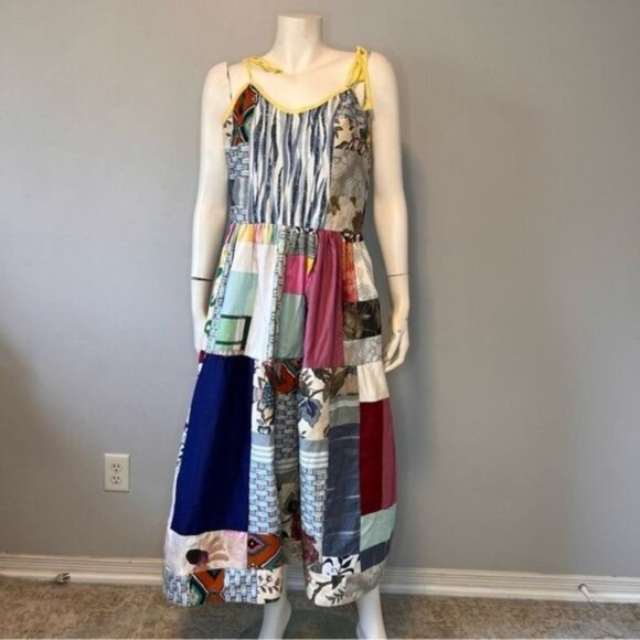 Hand Crafted Patchwork Tiered Sundress with Shoulder Straps Size Medium - Picture 3 of 12